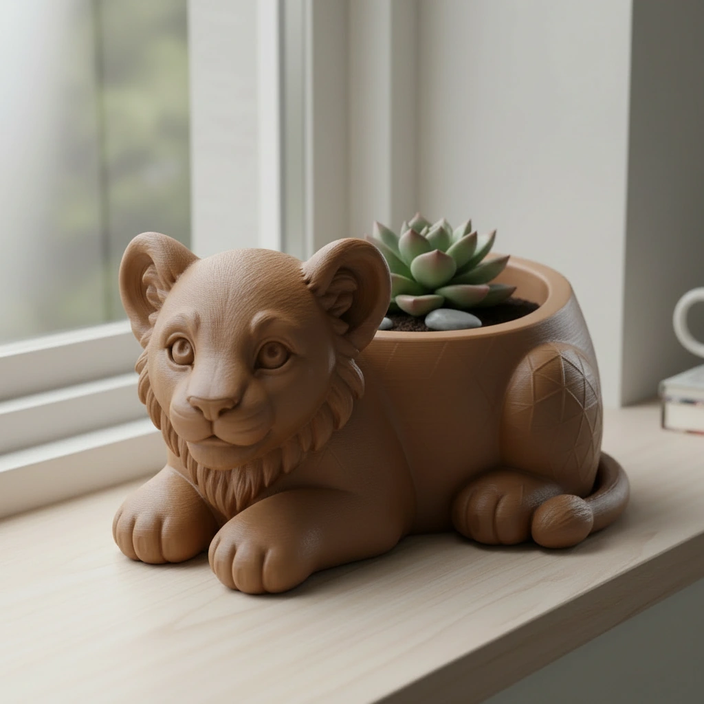Ghiveci Decorativ Suport Plante Animalut Pui de Leu Imprimat 3D - culoare Maro, imprimare 3D Vibecraft