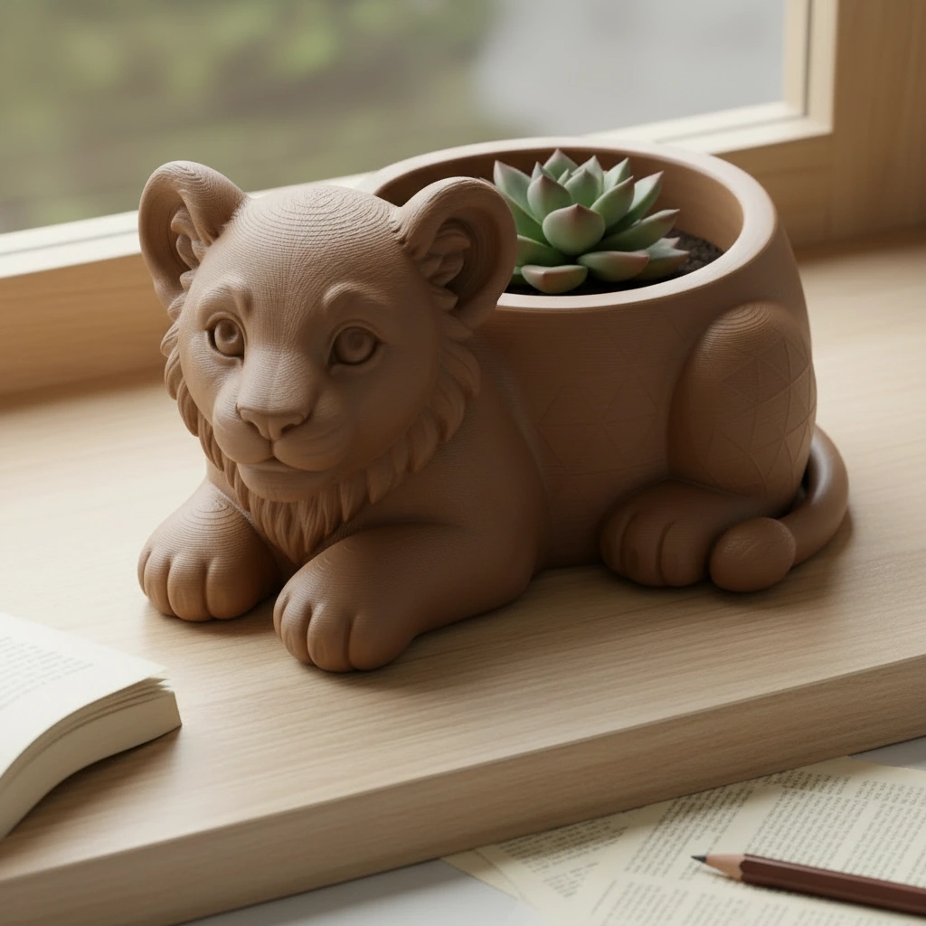 Ghiveci Decorativ Suport Plante Animalut Pui de Leu Imprimat 3D - culoare Maro, imprimare 3D Vibecraft