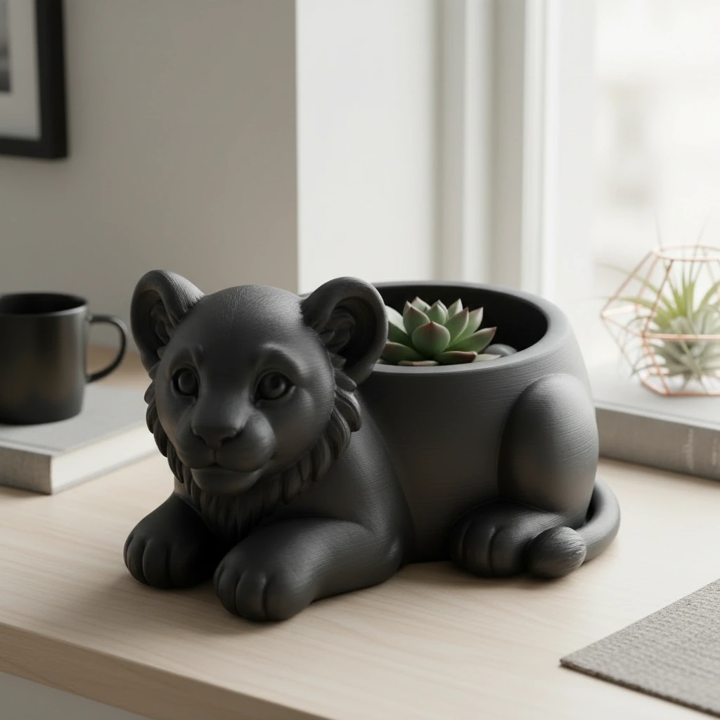 Ghiveci Decorativ Suport Plante Animalut Pui de Leu Imprimat 3D - Negru compozit mat, imprimare 3D Vibecraft