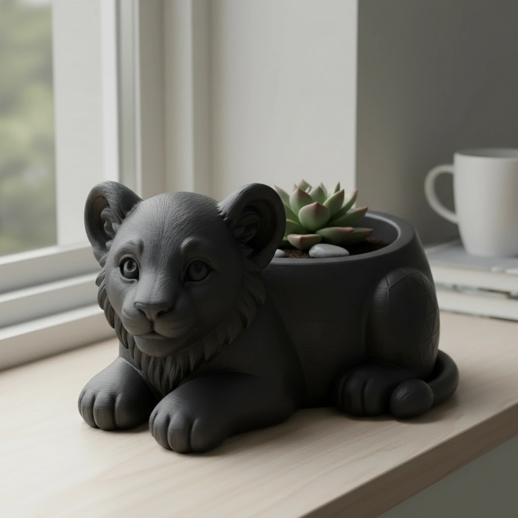 Ghiveci Decorativ Suport Plante Animalut Pui de Leu Imprimat 3D - Negru compozit mat, imprimare 3D Vibecraft