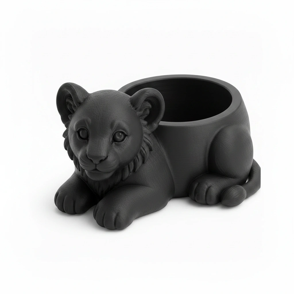 Ghiveci Decorativ Suport Plante Animalut Pui de Leu Imprimat 3D - Negru compozit mat, imprimare 3D Vibecraft