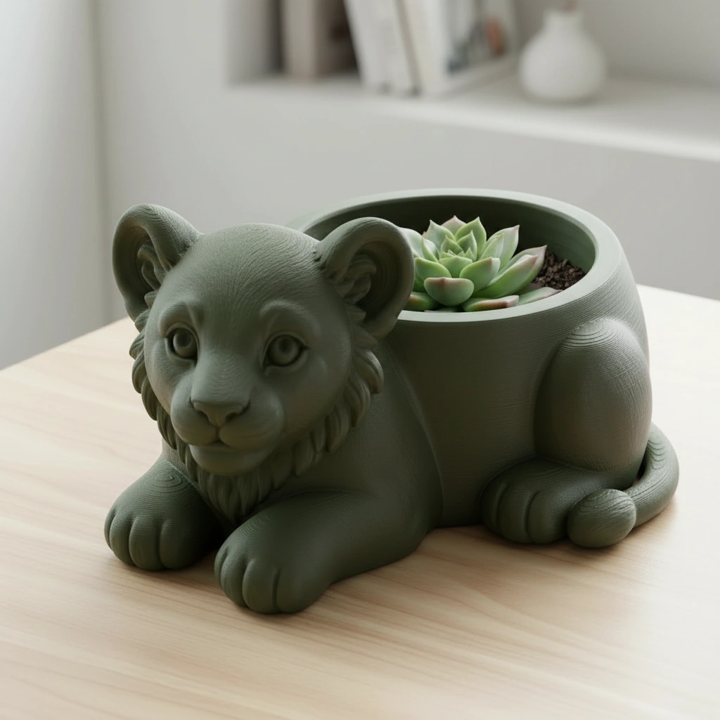 Ghiveci Decorativ Suport Plante Animalut Pui de Leu Imprimat 3D - Olive green compozit mat, imprimare 3D Vibecraft