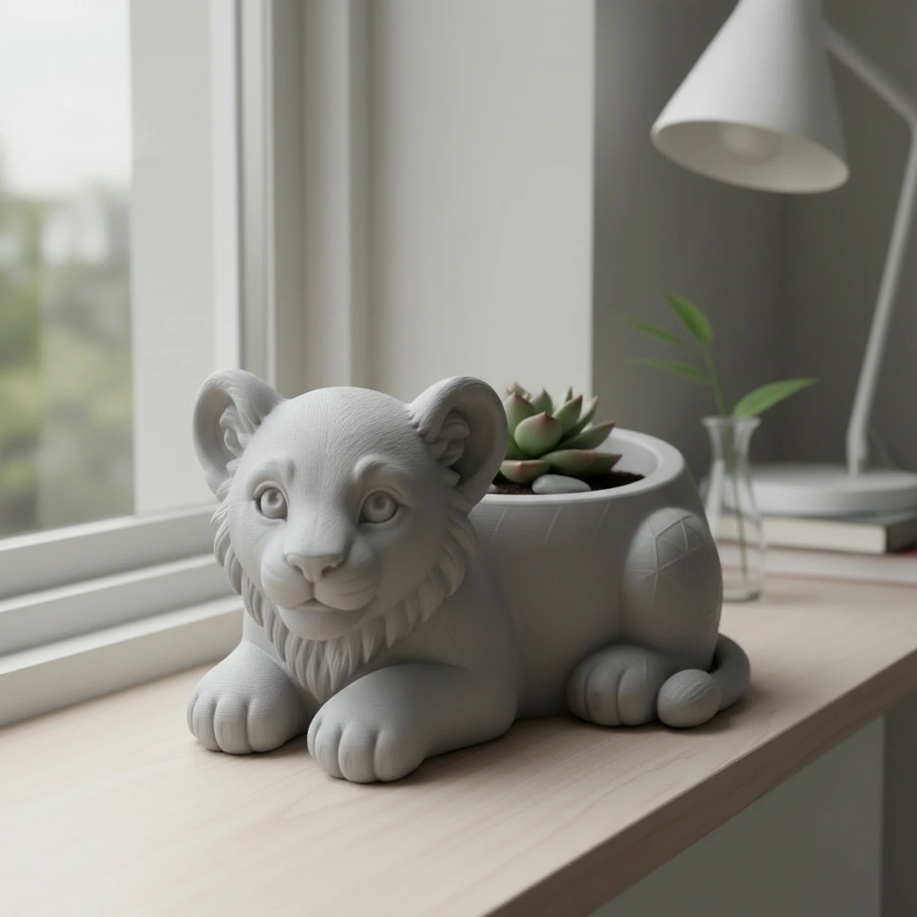 Ghiveci Decorativ Suport Plante Animalut Pui de Leu Imprimat 3D - culoare Gri, imprimare 3D Vibecraft