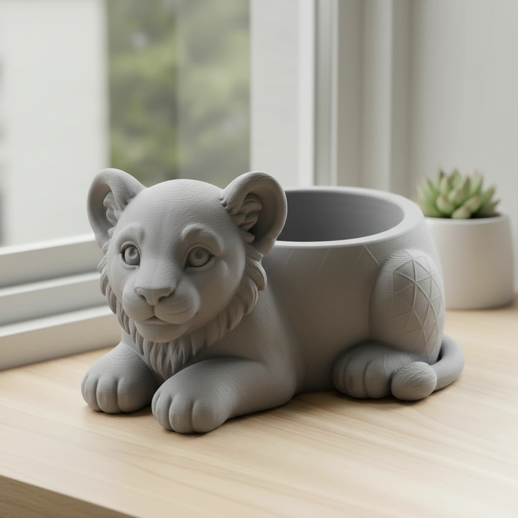 Ghiveci Decorativ Suport Plante Animalut Pui de Leu Imprimat 3D - culoare Gri, imprimare 3D Vibecraft