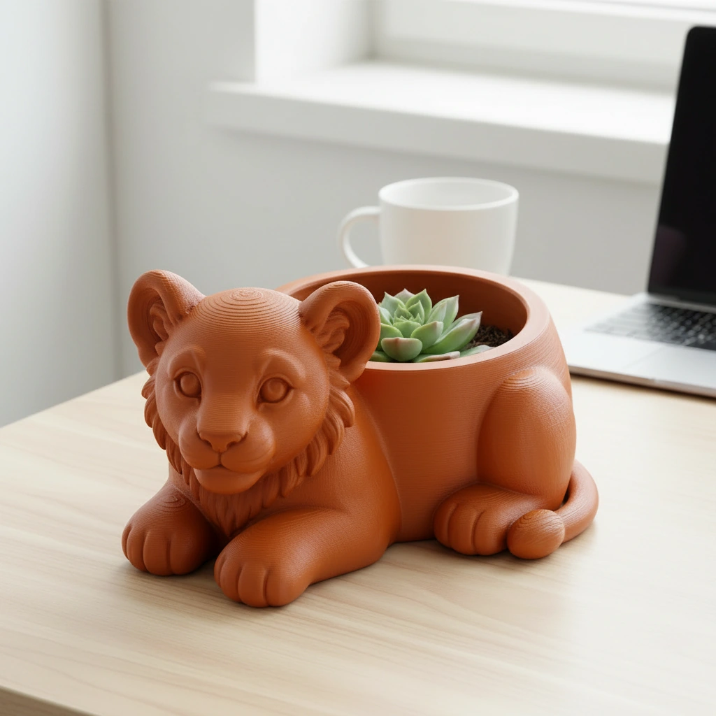 Ghiveci Decorativ Suport Plante Animalut Pui de Leu Imprimat 3D - culoare Portocaliu, imprimare 3D Vibecraft