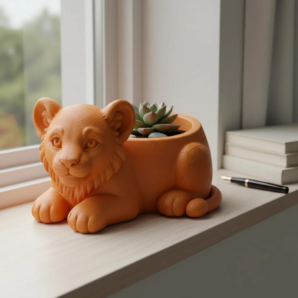 Ghiveci Decorativ Suport Plante Animalut Pui de Leu Imprimat 3D - culoare Portocaliu, imprimare 3D Vibecraft