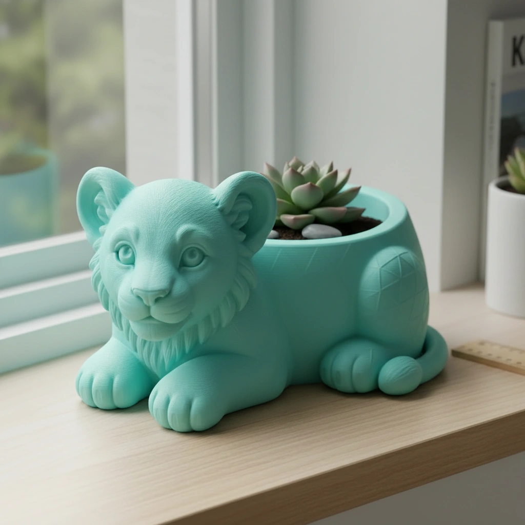 Ghiveci Decorativ Suport Plante Animalut Pui de Leu Imprimat 3D - culoare Albastru verzui, imprimare 3D Vibecraft