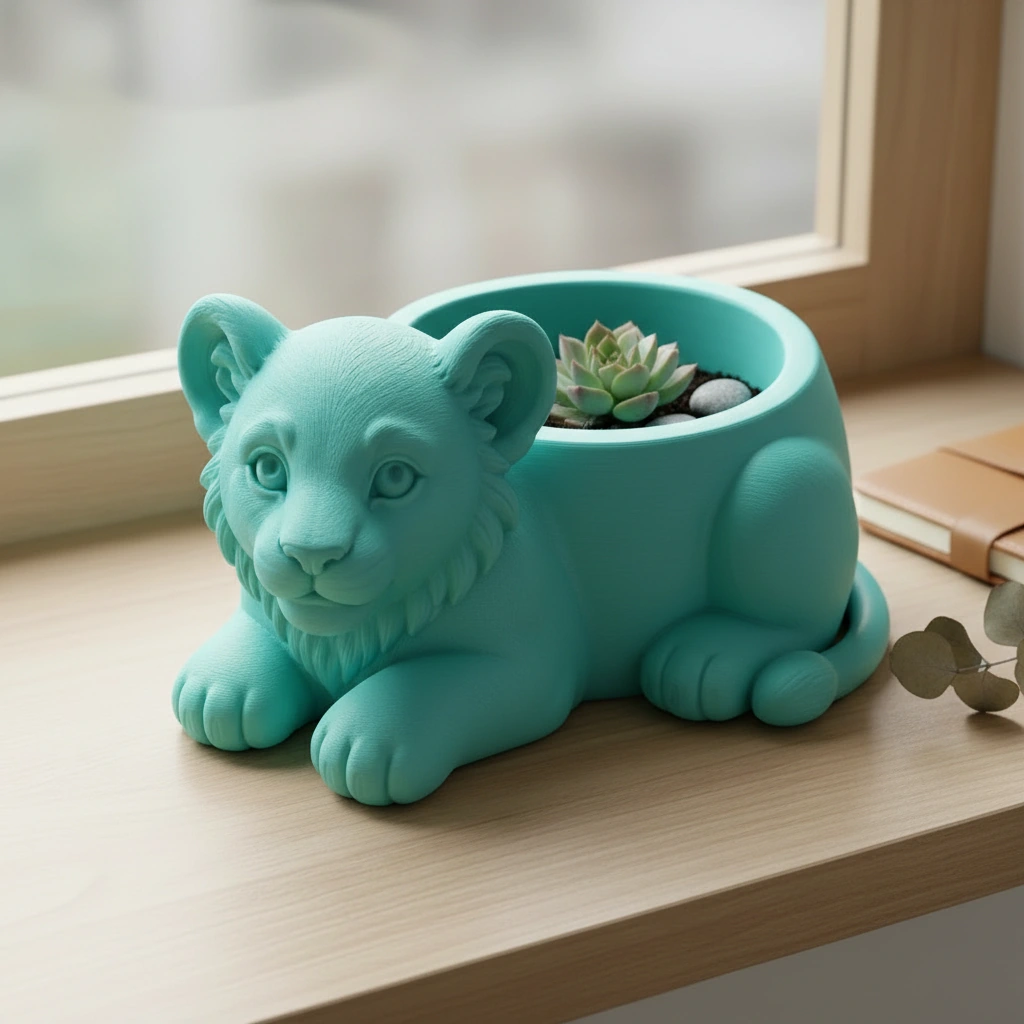 Ghiveci Decorativ Suport Plante Animalut Pui de Leu Imprimat 3D - culoare Albastru verzui, imprimare 3D Vibecraft