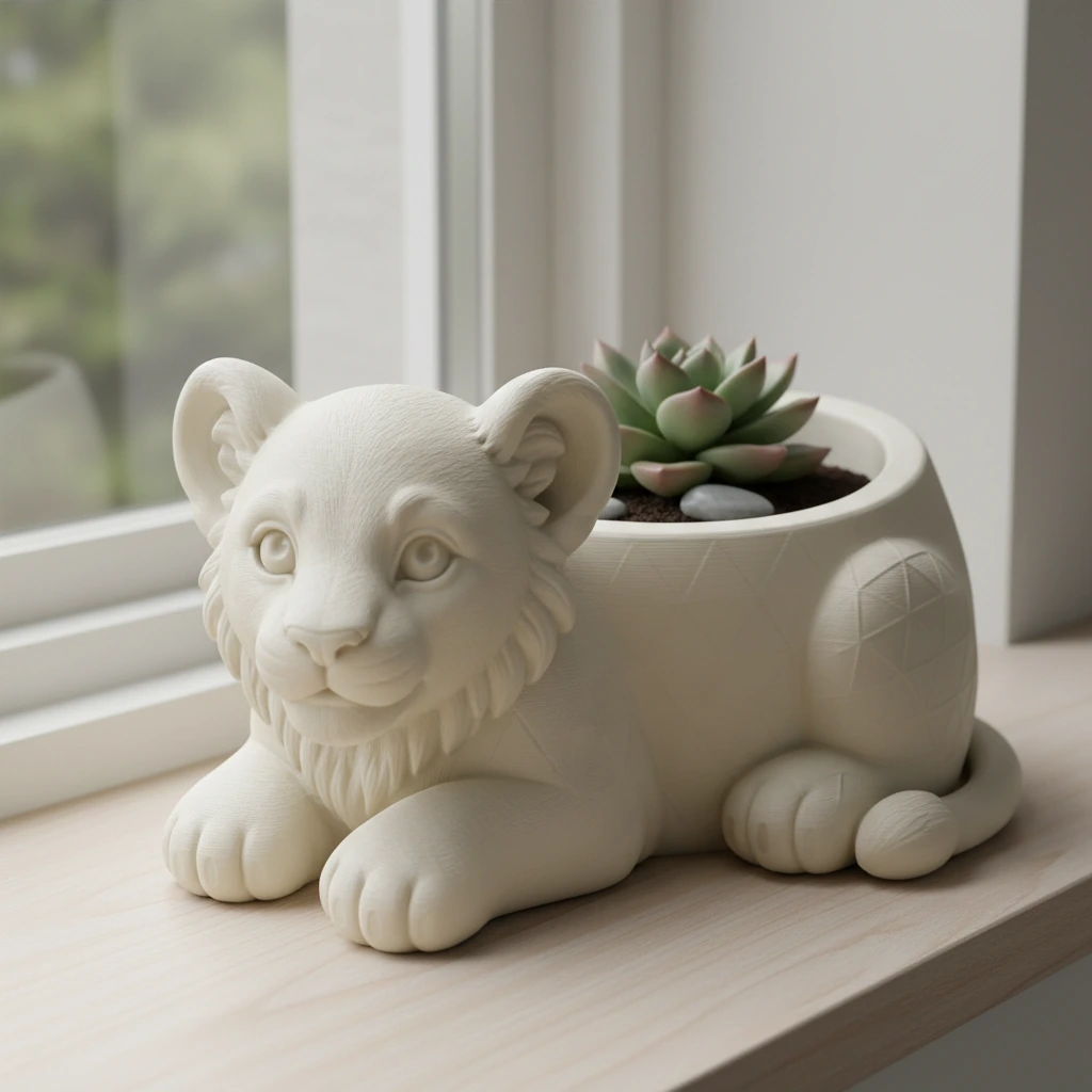 Ghiveci Decorativ Suport Plante Animalut Pui de Leu Imprimat 3D - culoare Alb, produs imprimat 3D Vibecraft