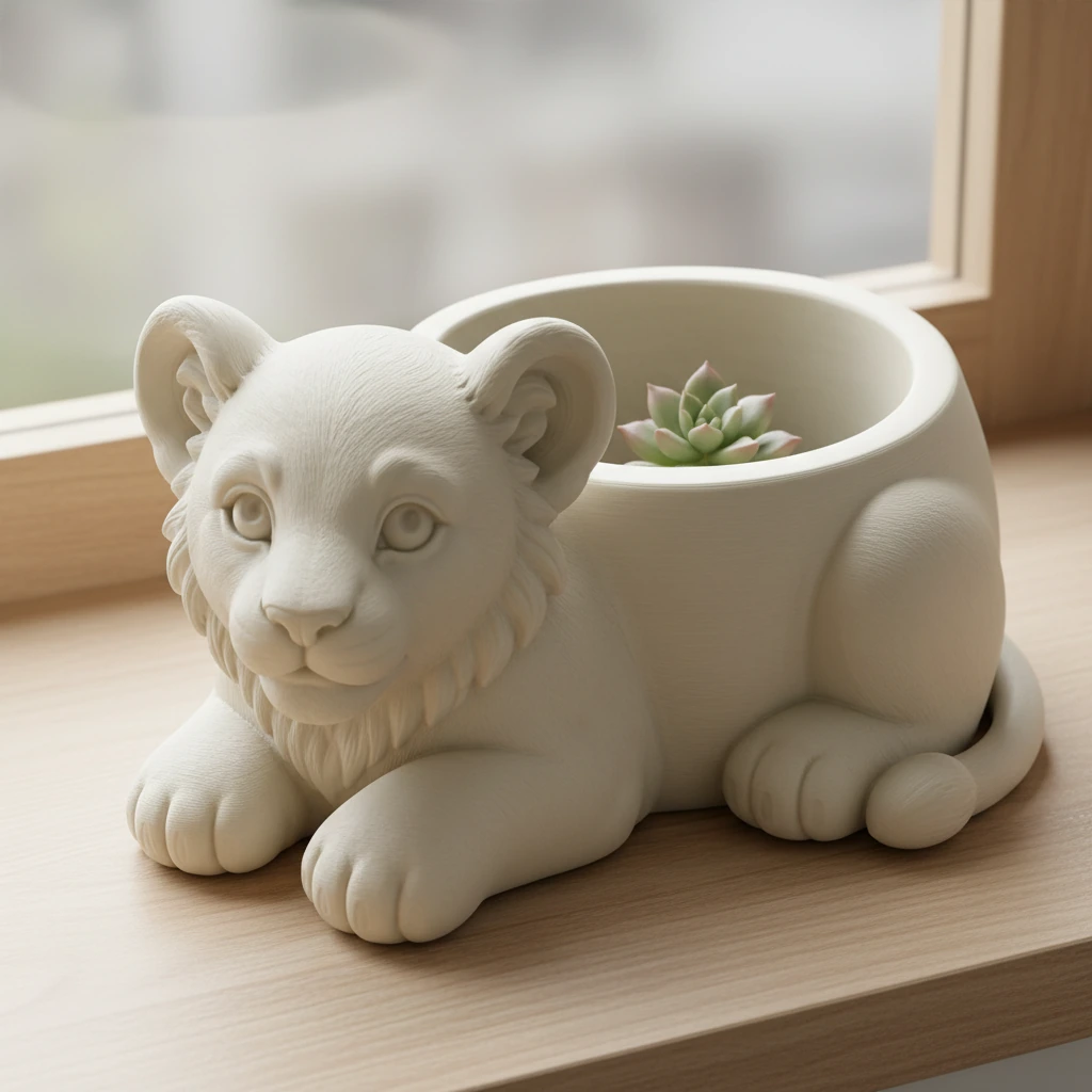 Ghiveci Decorativ Suport Plante Animalut Pui de Leu Imprimat 3D - culoare Alb, produs imprimat 3D Vibecraft