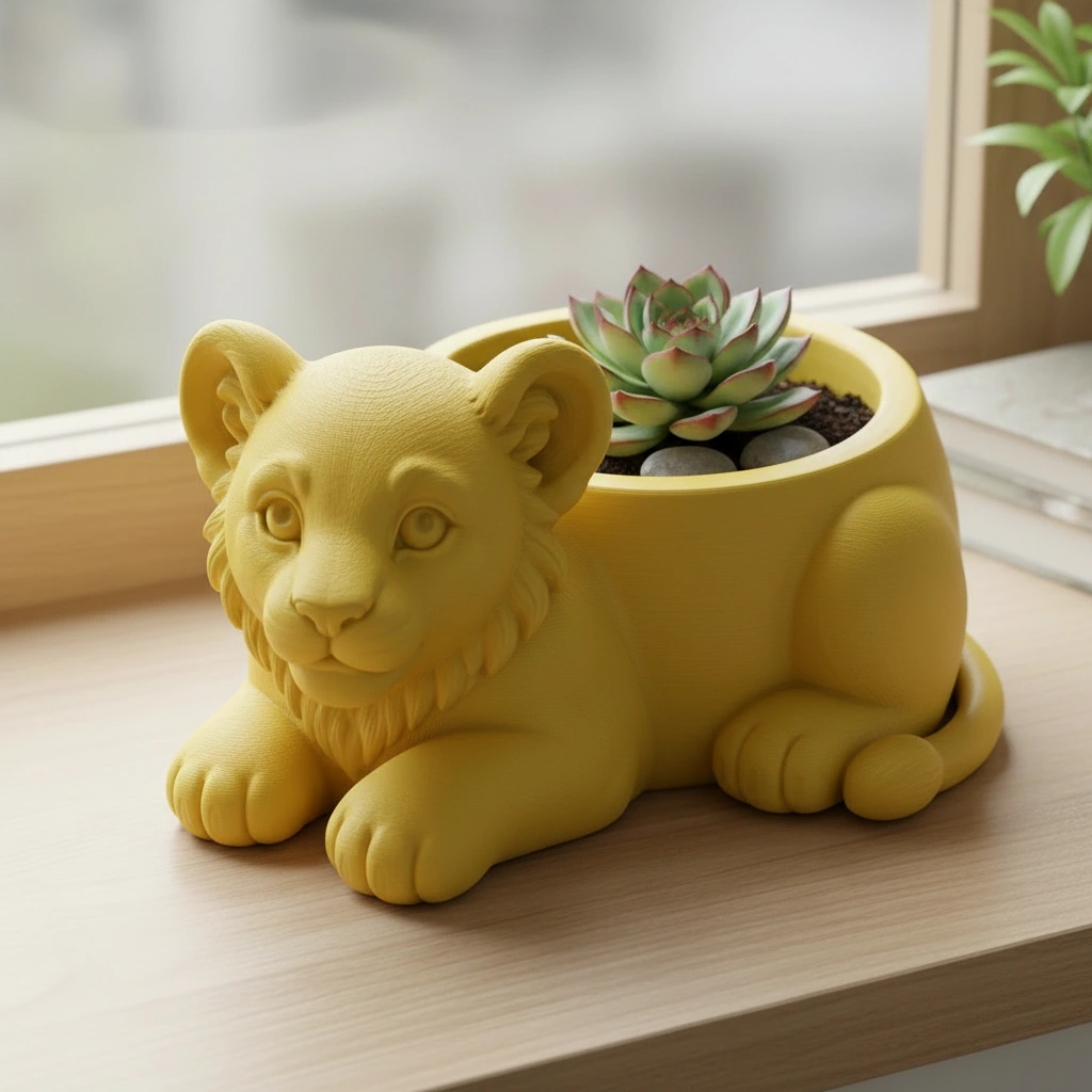Ghiveci Decorativ Suport Plante Animalut Pui de Leu Imprimat 3D - culoare Galben, imprimare 3D Vibecraft