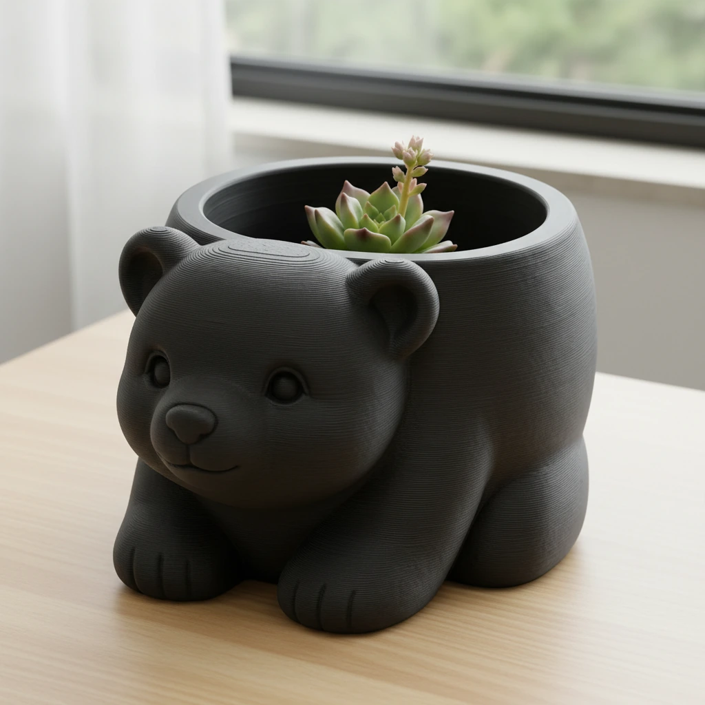 Ghiveci Decorativ Imprimat 3D în Formă de Pui de Urs - Suport Plante Original - culoare Negru, produs imprimat 3D Vibecraft