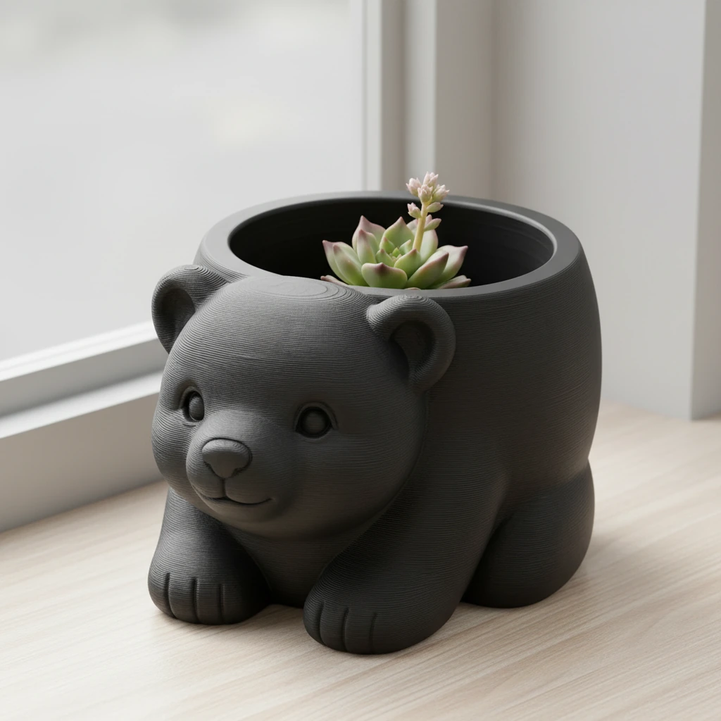Ghiveci Decorativ Imprimat 3D în Formă de Pui de Urs - Suport Plante Original - culoare Negru, produs imprimat 3D Vibecraft