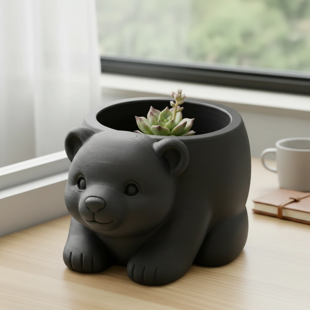 Ghiveci Decorativ Imprimat 3D în Formă de Pui de Urs - Suport Plante Original - Negru compozit mat, imprimare 3D Vibecraft