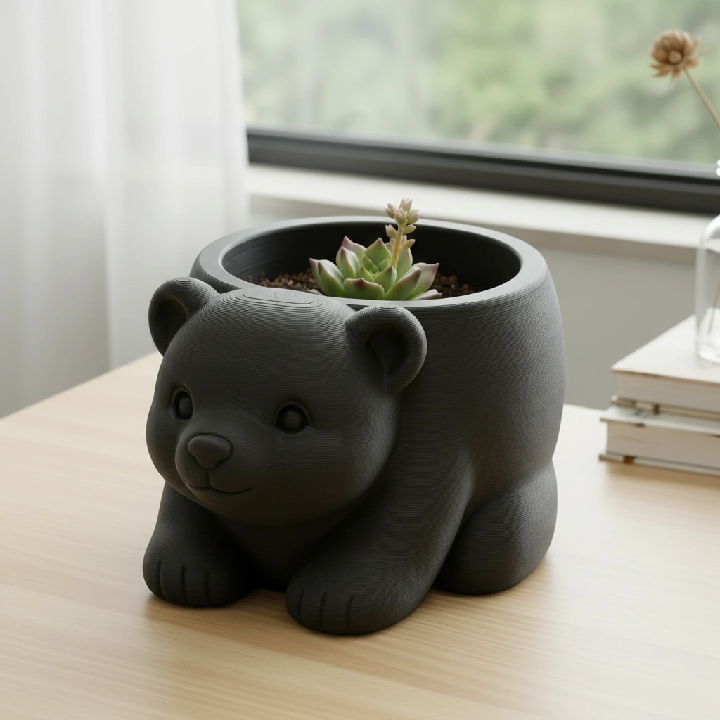 Ghiveci Decorativ Imprimat 3D în Formă de Pui de Urs - Suport Plante Original - Negru compozit mat, imprimare 3D Vibecraft