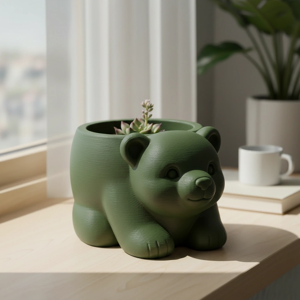 Ghiveci Decorativ Imprimat 3D în Formă de Pui de Urs - Suport Plante Original - Olive green compozit mat, imprimare 3D Vibecraft