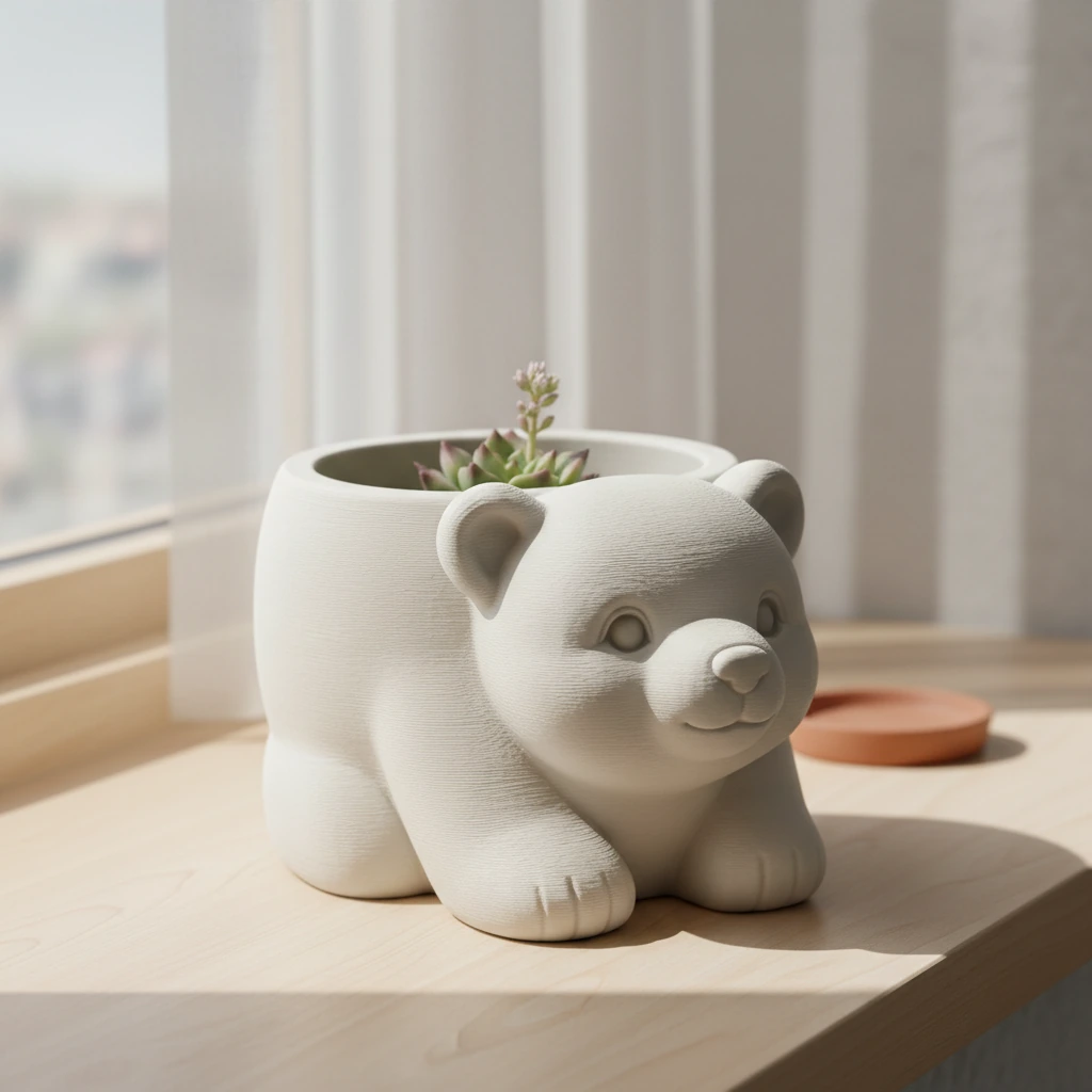 Ghiveci Decorativ Imprimat 3D în Formă de Pui de Urs - Suport Plante Original - culoare Alb, produs imprimat 3D Vibecraft