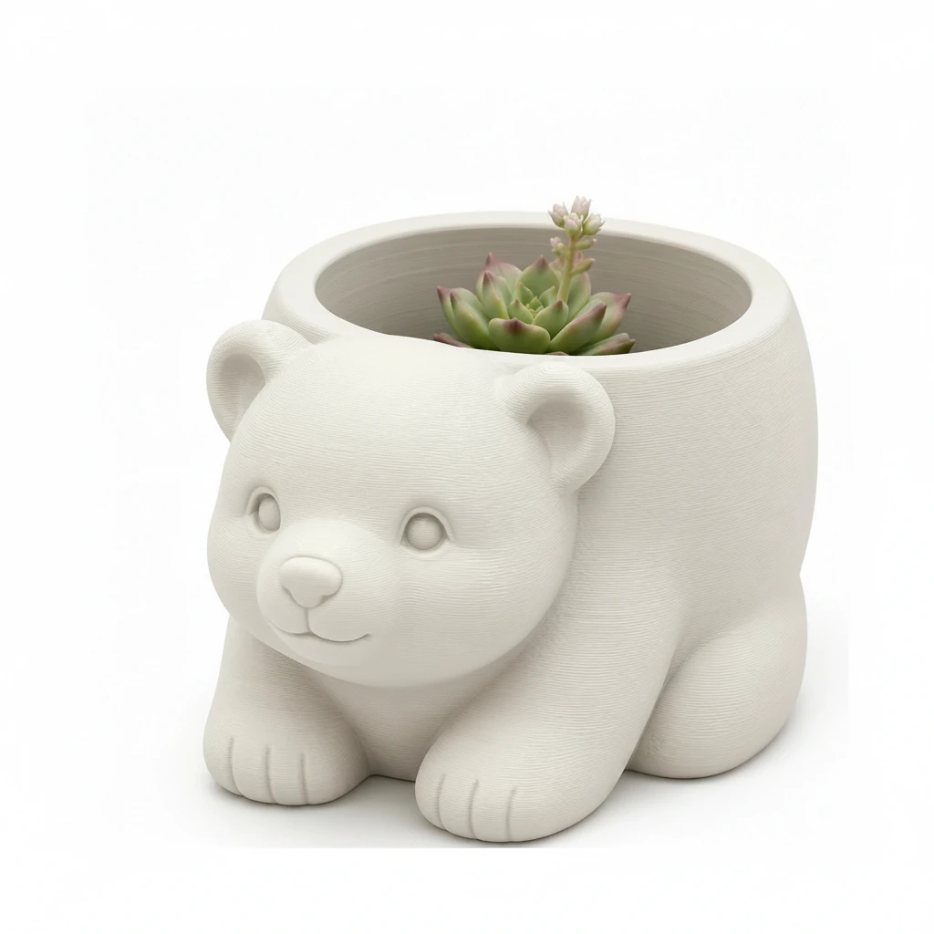 Ghiveci Decorativ Imprimat 3D în Formă de Pui de Urs - Suport Plante Original - culoare Alb, produs imprimat 3D Vibecraft
