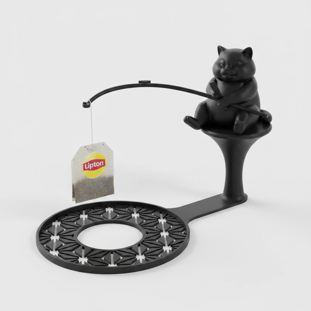 Suport plic ceai cu figurină pisică pescar, accesoriu infuzare băuturi - culoare Negru, produs imprimat 3D Vibecraft