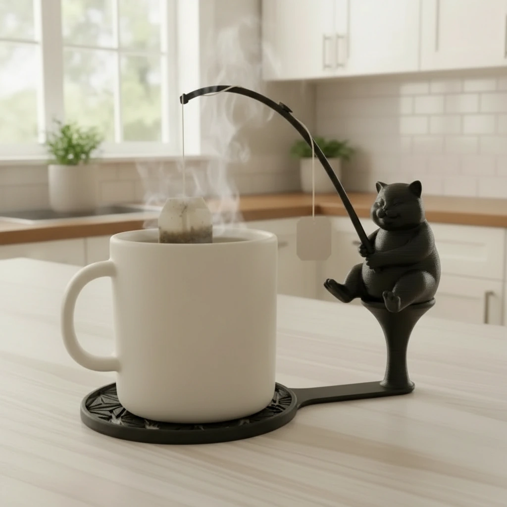 Suport plic ceai cu figurină pisică pescar, accesoriu infuzare băuturi - Negru compozit mat, imprimare 3D Vibecraft
