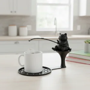 Suport plic ceai cu figurină pisică pescar, accesoriu infuzare băuturi - Negru compozit mat, imprimare 3D Vibecraft
