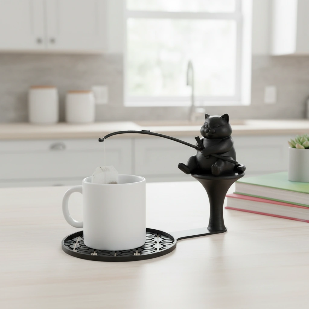 Suport plic ceai cu figurină pisică pescar, accesoriu infuzare băuturi - Negru compozit mat, imprimare 3D Vibecraft