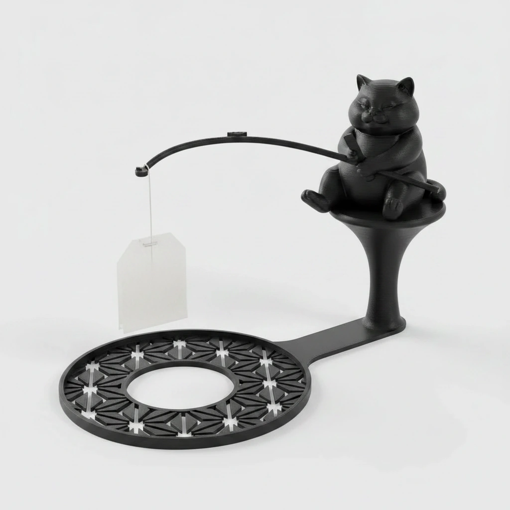 Suport plic ceai cu figurină pisică pescar, accesoriu infuzare băuturi - Negru compozit mat, imprimare 3D Vibecraft