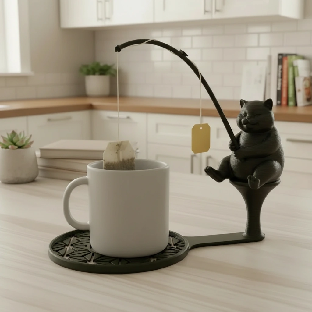 Suport plic ceai cu figurină pisică pescar, accesoriu infuzare băuturi - Olive green compozit mat, imprimare 3D Vibecraft