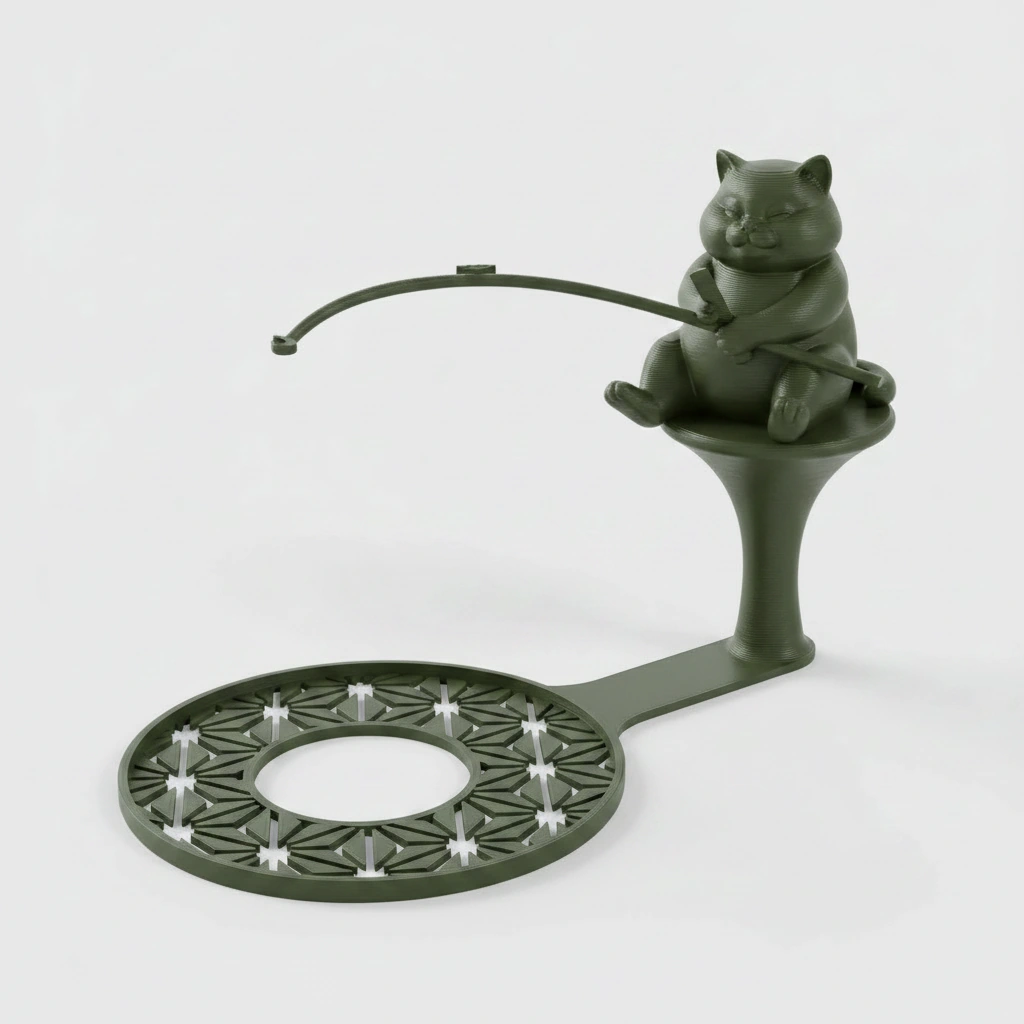Suport plic ceai cu figurină pisică pescar, accesoriu infuzare băuturi - Olive green compozit mat, imprimare 3D Vibecraft