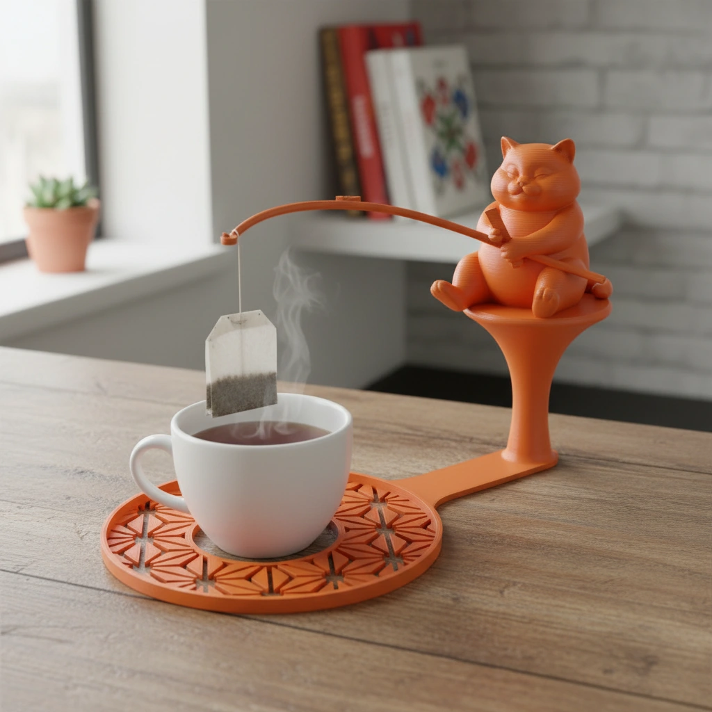 Suport plic ceai cu figurină pisică pescar, accesoriu infuzare băuturi - Orange compozit mat, imprimare 3D Vibecraft