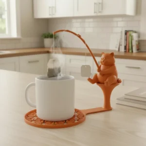 Suport plic ceai cu figurină pisică pescar, accesoriu infuzare băuturi - Orange compozit mat, imprimare 3D Vibecraft