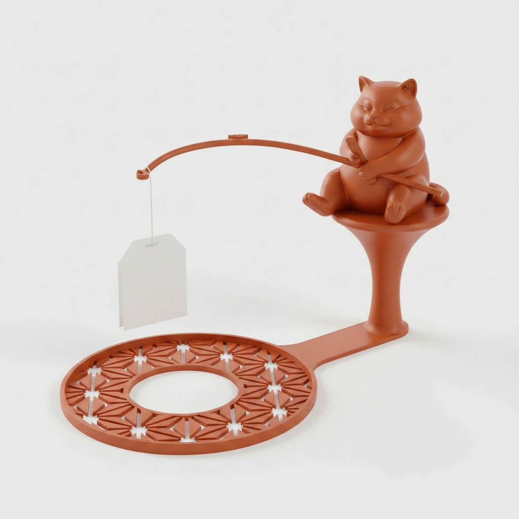 Suport plic ceai cu figurină pisică pescar, accesoriu infuzare băuturi - Orange compozit mat, imprimare 3D Vibecraft