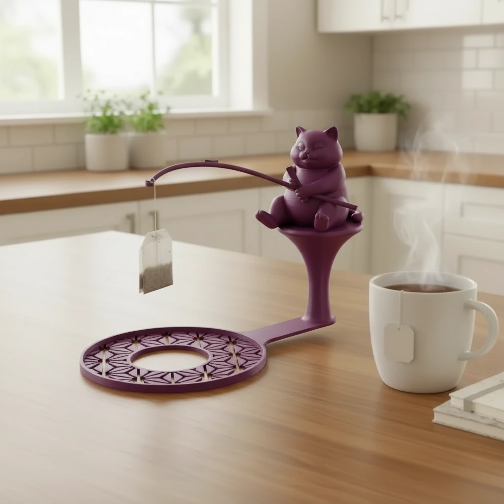 Suport plic ceai cu figurină pisică pescar, accesoriu infuzare băuturi - Purple red compozit mat, imprimare 3D Vibecraft