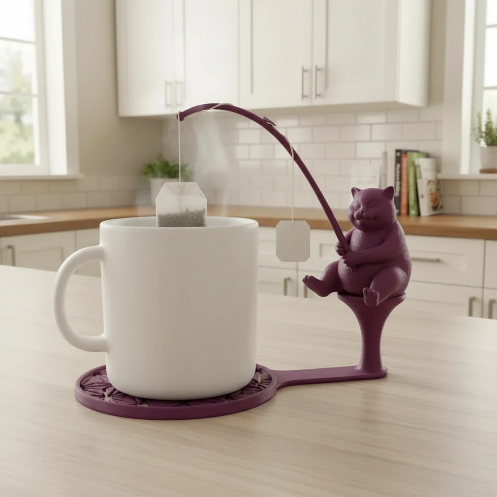 Suport plic ceai cu figurină pisică pescar, accesoriu infuzare băuturi - Purple red compozit mat, imprimare 3D Vibecraft