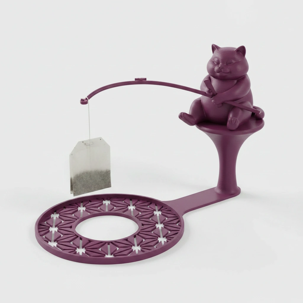 Suport plic ceai cu figurină pisică pescar, accesoriu infuzare băuturi - Purple red compozit mat, imprimare 3D Vibecraft
