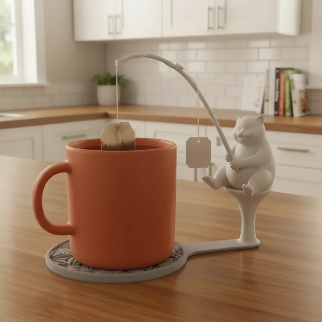 Suport plic ceai cu figurină pisică pescar, accesoriu infuzare băuturi - culoare Alb, produs imprimat 3D Vibecraft