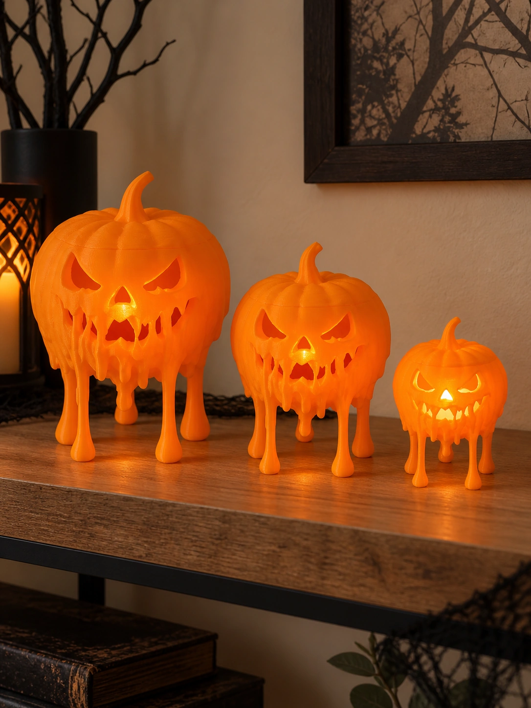 Set 3 dovleci Halloween topiți pentru decor LED, 8 × 8 × 8,7 cm fiecare - imagine produs, produs imprimat 3D Vibecraft