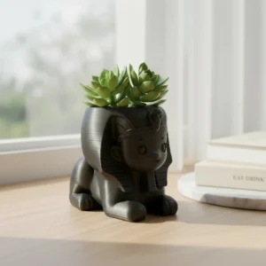 Ghiveci Decorativ Suport Plante Model Sfinx Cartoon Imprimat 3D 100mm - Negru compozit mat, imprimare 3D Vibecraft