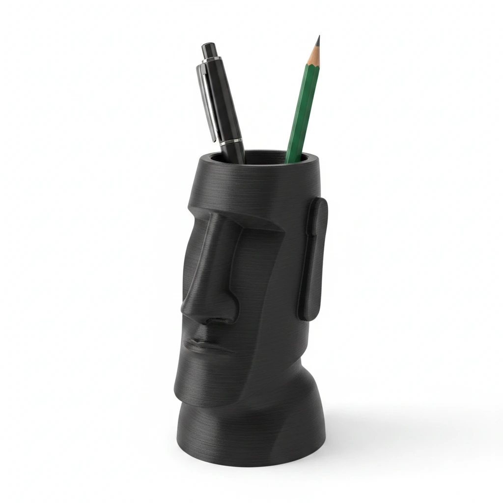 Suport Pixuri Decorativ Moai pentru Birou, Organizare Papetărie 120 mm - culoare Negru, produs imprimat 3D Vibecraft