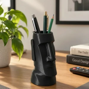 Suport Pixuri Decorativ Moai pentru Birou, Organizare Papetărie 120 mm - Negru compozit mat, imprimare 3D Vibecraft