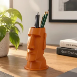 vc-mw-3260889-cf-orange-lifestyle Suport Pixuri Decorativ Moai pentru Birou, Organizare Papetărie 120 mm - Orange compozit mat, imprimare 3D Vibecraft