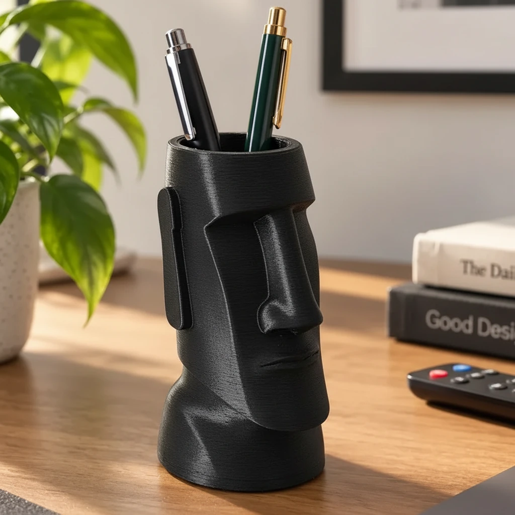 Suport Pixuri Decorativ Moai pentru Birou, Organizare Papetărie 120 mm - variante de culoare, produs imprimat 3D Vibecraft