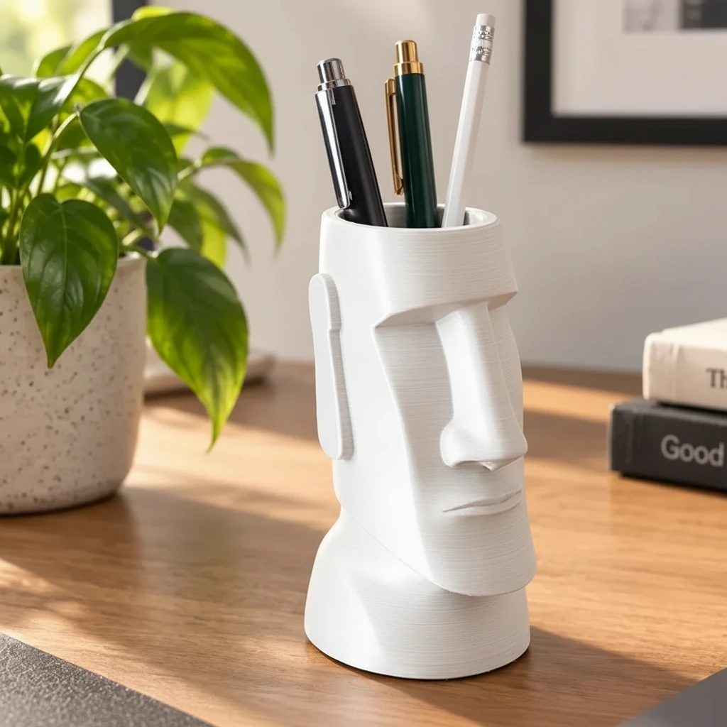 Suport Pixuri Decorativ Moai pentru Birou, Organizare Papetărie 120 mm - culoare Alb, produs imprimat 3D Vibecraft