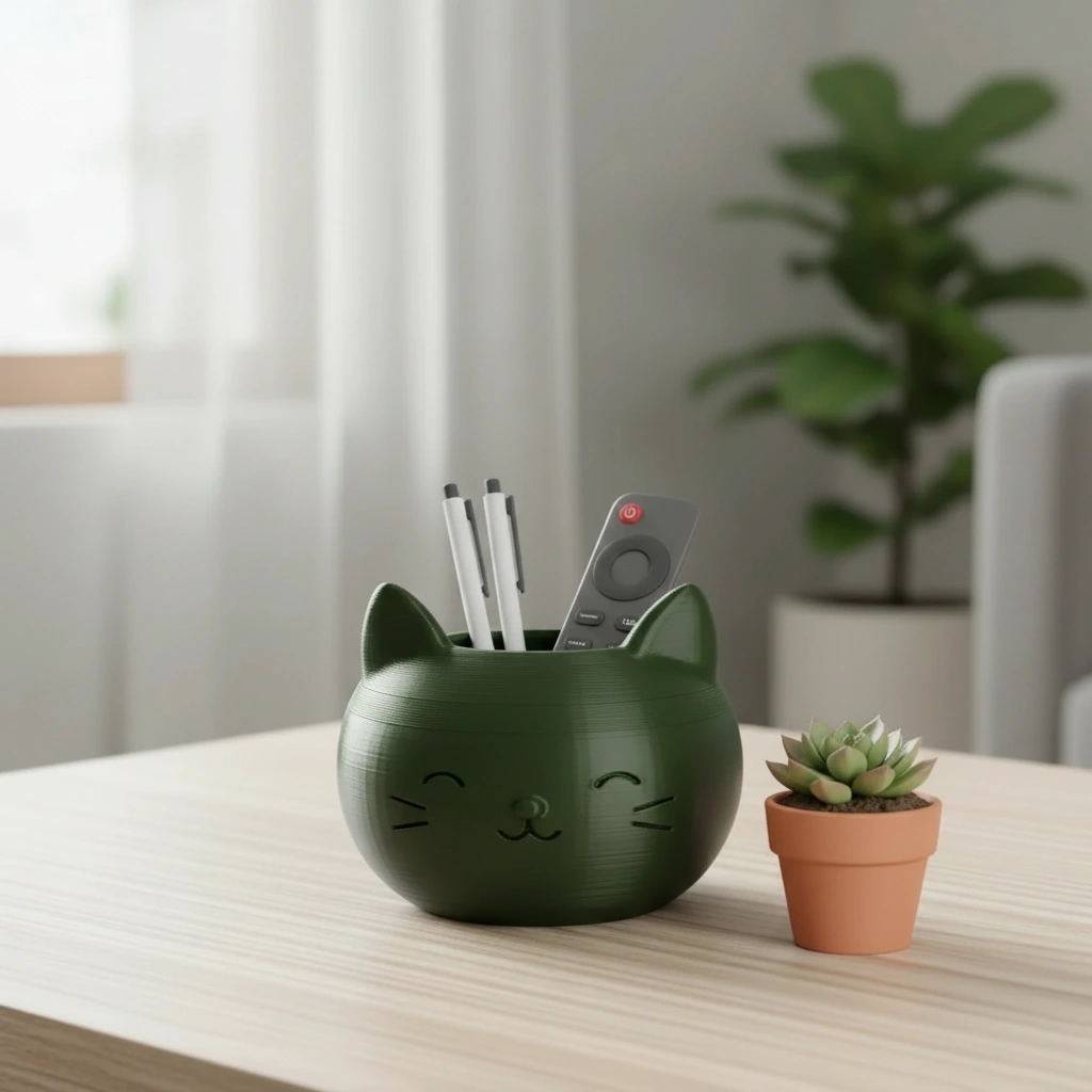 Mini Ghiveci Decorativ cu Design Pisică pentru Suculente și Plante Mici - Olive green compozit mat, imprimare 3D Vibecraft