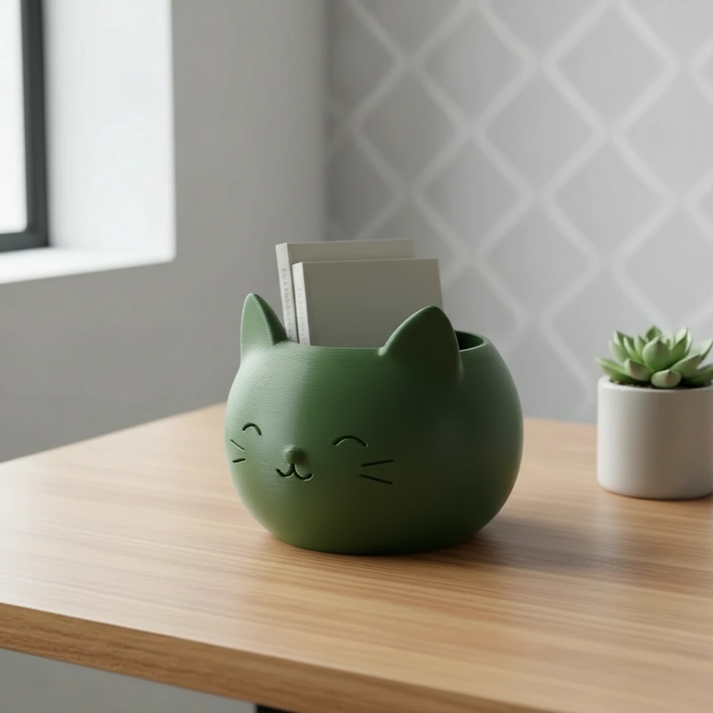 Mini Ghiveci Decorativ cu Design Pisică pentru Suculente și Plante Mici - Olive green compozit mat, imprimare 3D Vibecraft