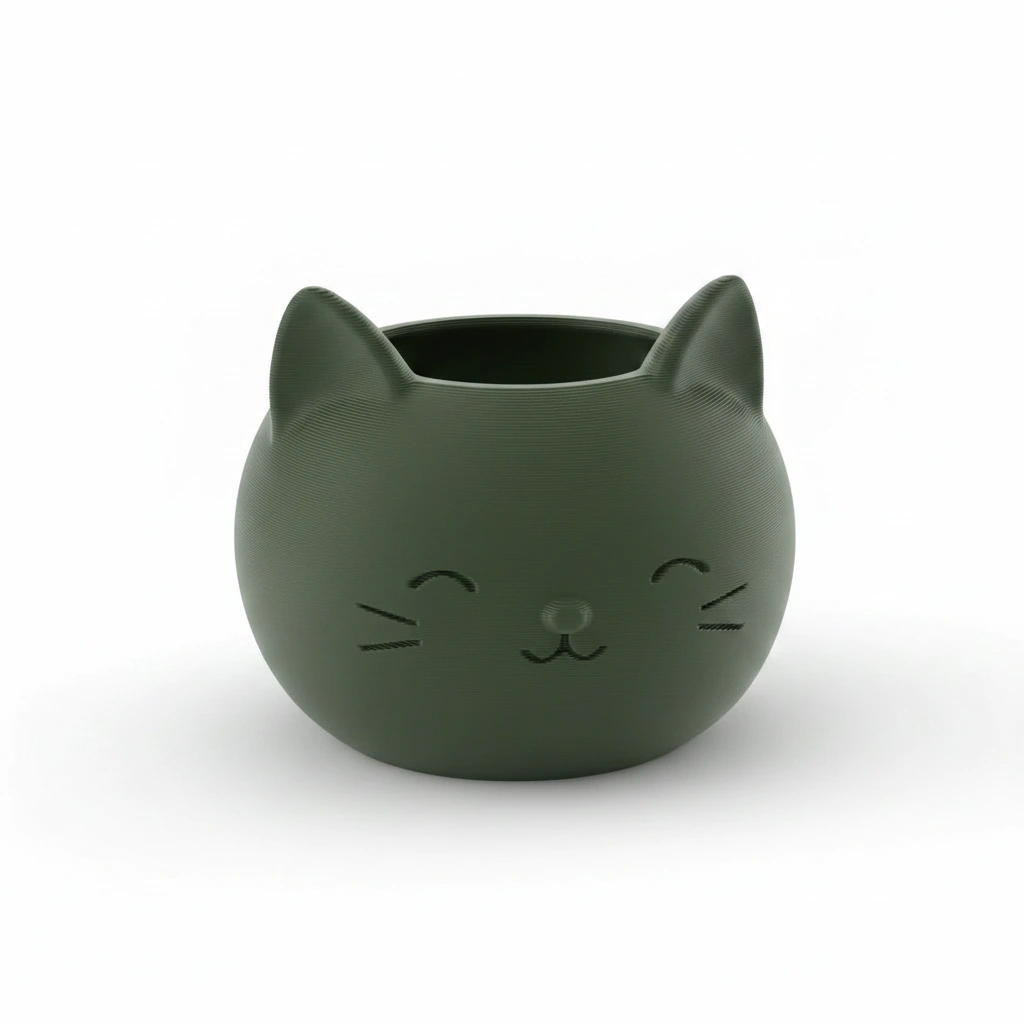 Mini Ghiveci Decorativ cu Design Pisică pentru Suculente și Plante Mici - Olive green compozit mat, imprimare 3D Vibecraft