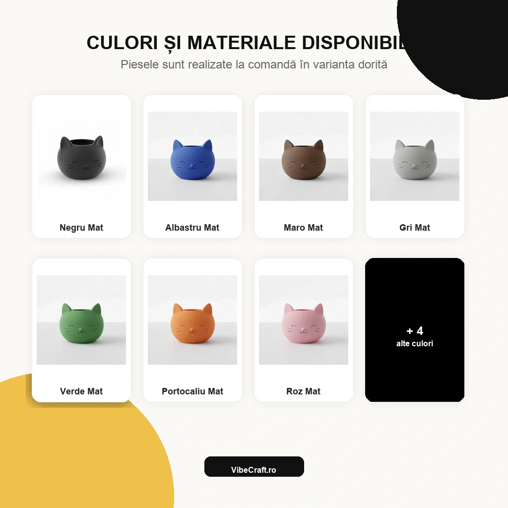 Mini Ghiveci Decorativ cu Design Pisică pentru Suculente și Plante Mici - paleta de culori disponibile, produs imprimat 3D Vibecraft