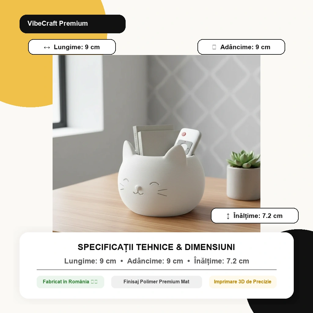 Mini Ghiveci Decorativ cu Design Pisică pentru Suculente și Plante Mici - dimensiuni produs, produs imprimat 3D Vibecraft