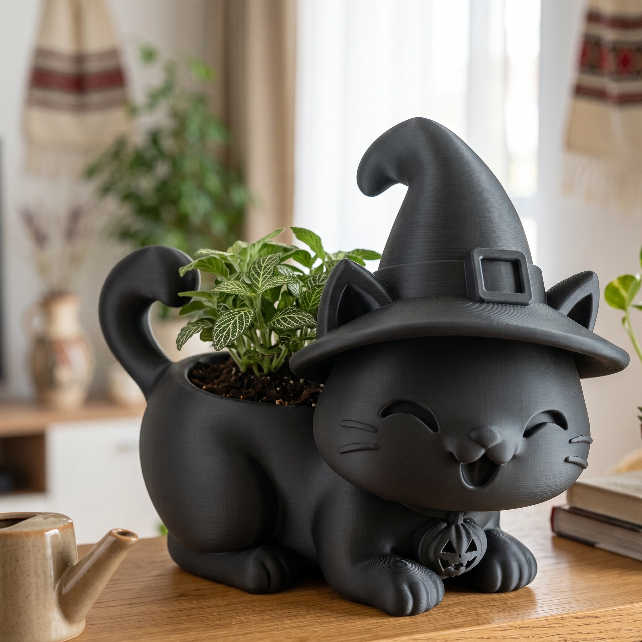 Ghiveci pisică Halloween cu pălărie, imprimat 3D - 15,39 × 15 × 14,9 cm - Negru compozit mat, imprimare 3D Vibecraft