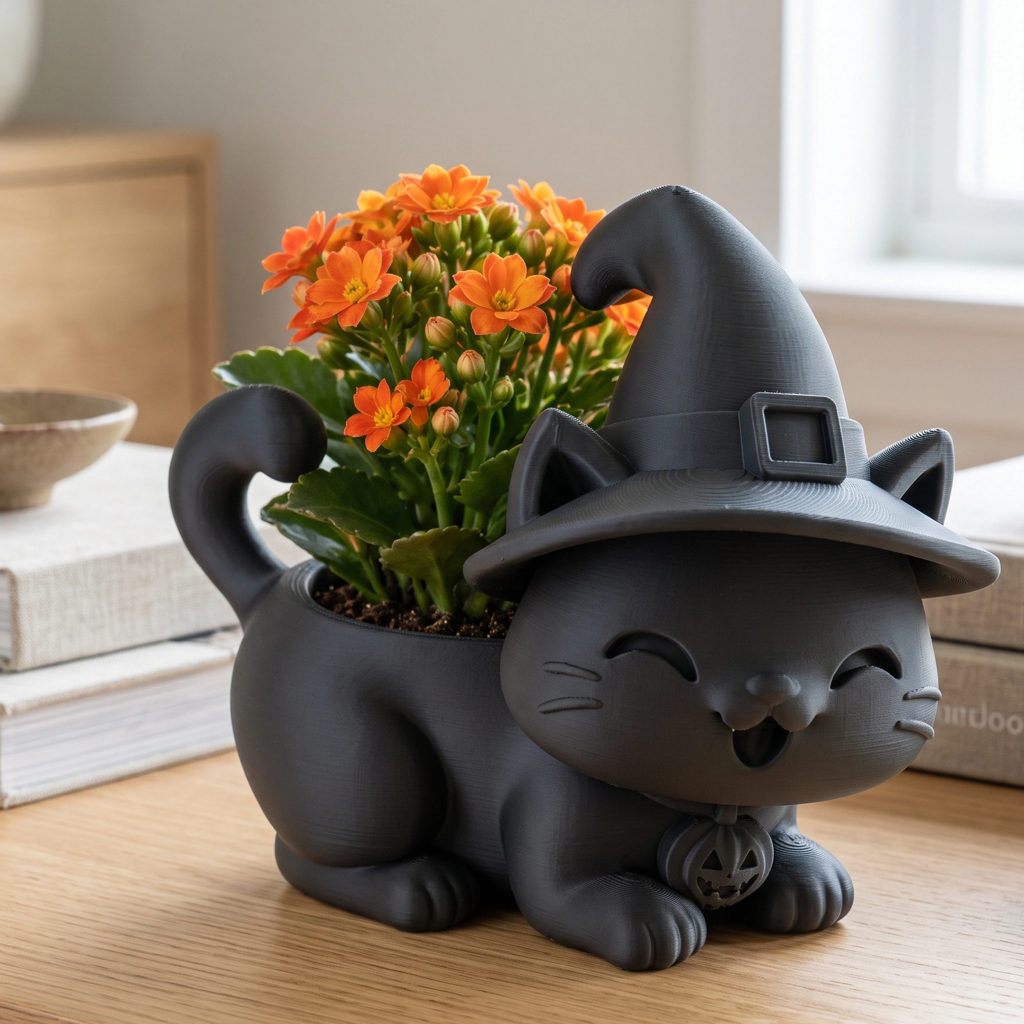 Ghiveci pisică Halloween cu pălărie, imprimat 3D - 15,39 × 15 × 14,9 cm - Negru compozit mat, imprimare 3D Vibecraft